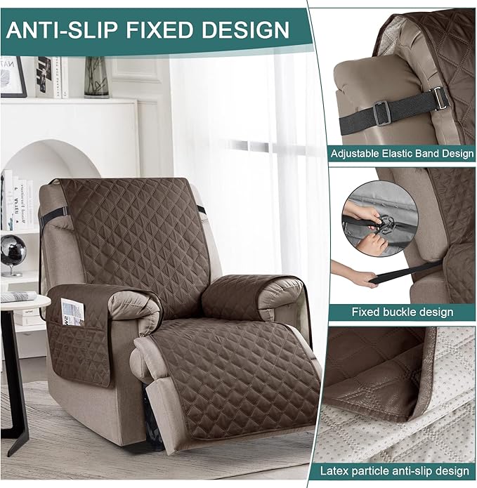 Ruaozz 100% Waterproof Recliner Chair Cover Non-Slip Reclining Cover for Recliner Chair Washable Chair Seat Cover with Elastic Straps for Kids, Dogs, Pets (Brown, 23'')