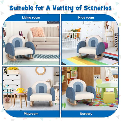 Costzon Kids Blue Rocking Chair with Solid Wood Frames, Plush Fabric, Anti-Tip Design for Kids Room, Nursery, Playroom, Preschool, Birthday Gift for Boys Girls, Toddler Furniture Armchair