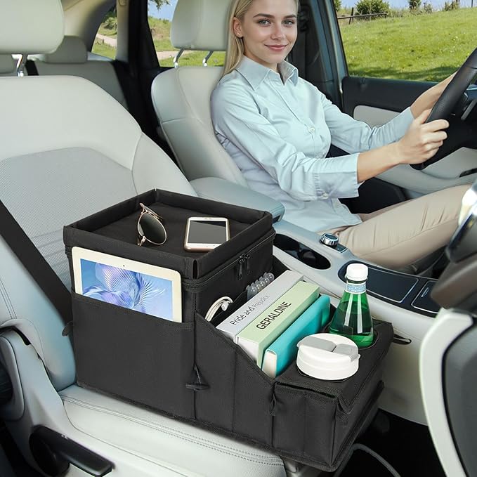 COOLBEBE Car Seat Organizer, Backseat Car Organizer with Cup Holders for Kids and Adults Travel, Cooler Compartment Passenger Seat Organizer Storage Box for Front or Middle Seat, Black