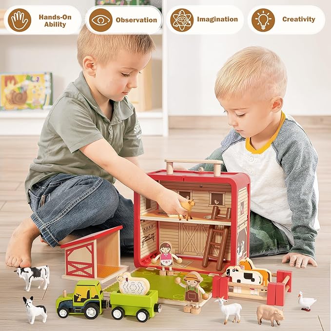 Toyssa Wooden Barn Farm Animals Toys for Toddlers 3-6 with Storage Box & Magnetic Tractor, Preschool Montessori Educational Learning Toys , Christmas Birthday Gift for Boys Girls Kids 2 3 4 5 6