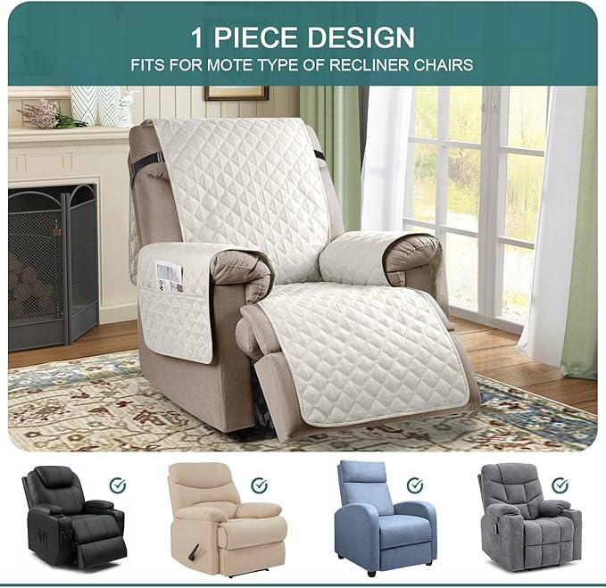 Ruaozz 100% Waterproof Recliner Chair Cover Non-Slip Reclining Cover for Recliner Chair Washable Chair Seat Cover with Elastic Straps for Kids, Dogs, Pets (Beige, 23'')