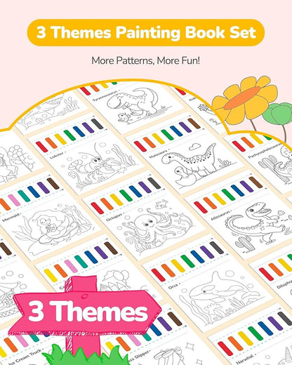 TECJOE 3 Pack Paint with Water Coloring Books for Toddlers, Watercolor Paint Set with 6 Brushes, Painting Activity for Kids Ages 4 5 6 7 8, Arts & Crafts Toy, Princess, Dinosaur & Sea
