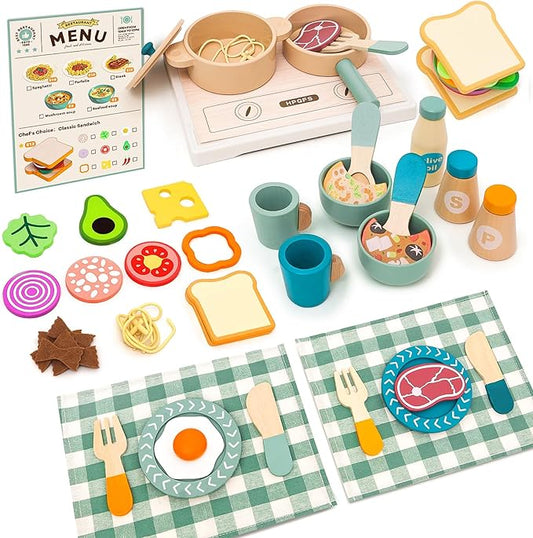 Wooden Play Cooking Set, Kids Pretend Play Kitchen Accessories Toys Set, Includes Play Plates, Pots, Bowls, Pans, Cutlery, Includes Fake Food, Gift for 3 4 5 Years Old Girls Boys for Birthday