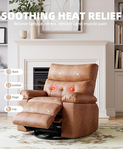 Electric Recliner Chair - 360° Rocker Swivel Recliner with Heat and Massage, PU Leather Large Power Recliner for Adults, Comfortable Lazy Chair with 1.5X Sponge Filling
