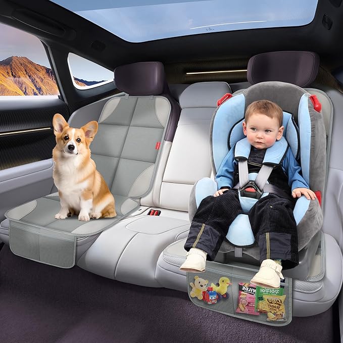 Car Seat Protector, Waterproof 600D Fabric Seat Cushion for Child Car Seat with Thickest Pad, Storage Pockets, Back Car Seat Cover for Kids, 2 Pack