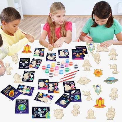 36Pcs Space Party Favors Space Cards with Art Supplies Outer Space DIY Wood Painting Craft Kits Astronaut Thank You for Coming Gifts for Kids Boys Girls Solar System Birthday Gift Bulk (Pre-Assembled)