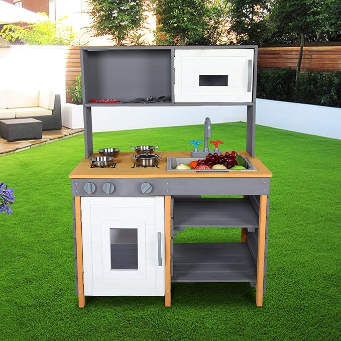 Wooden Mud Kitchen, Outdoor Play Kitchen with Removable Sink,Water Box & Faucet,Stove Top, Storage Bags& Metal Basket,Kitchen Backyard Outdoor Pretend Kitchen for Kids