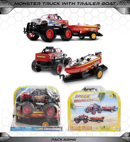 Mozlly Monster Truck Toys Set with Trailer Toy Boat - Friction Powered Hauling Truck and Trailer Toy, Big Toy Monster Truck with Boat 9 Inch