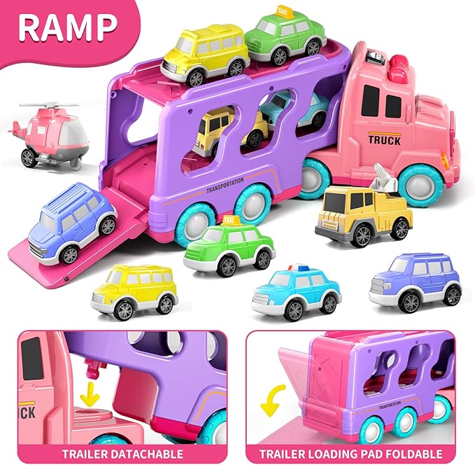 Bennol Car Truck Toys for 1 2 3 4 5 Year Old Girls Toddlers, 7-in-1 Carrier Truck Toddler Girl Bus Toys 1 2 3 4 5 Year