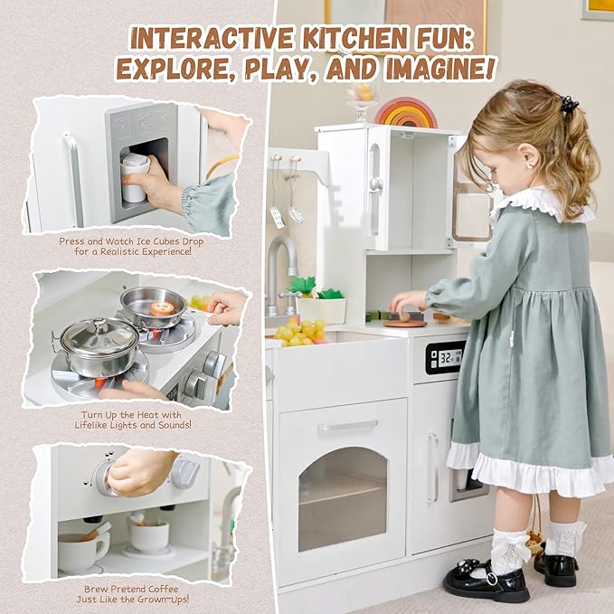 Wooden Play Kitchen for Kids with Realistic Lights and Sounds, Large Toddlers Interactive Kitchen Playset with Ice Maker, Stove, Sink, Oven, and 12 Accessories, Pretend Play Kitchen Set for Ages 3-8