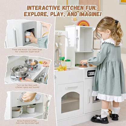 Wooden Play Kitchen for Kids with Realistic Lights and Sounds, Large Toddlers Interactive Kitchen Playset with Ice Maker, Stove, Sink, Oven, and 12 Accessories, Pretend Play Kitchen Set for Ages 3-8