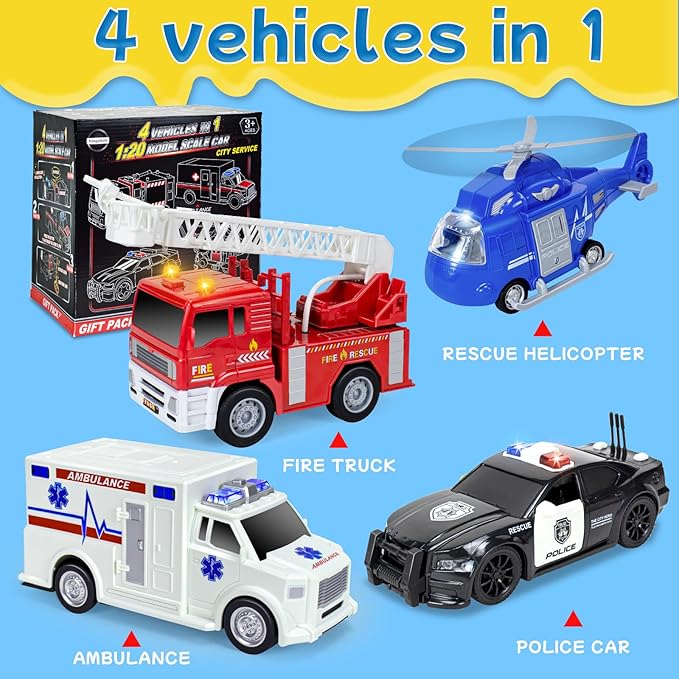 4 Pack Emergency Vehicles Toy Set, 1:20 Scale Big Fire Truck & Ambulance & Helicopter & Police Car Toy for 2 3 4 5 6 Year Boys Toddlers Gift