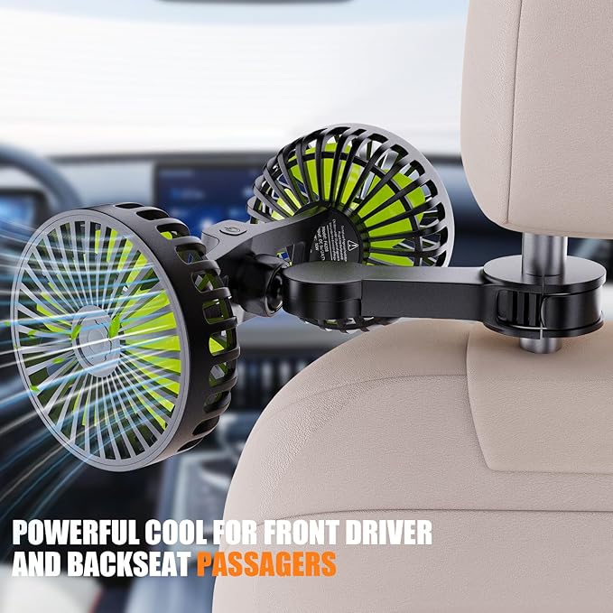 USB Car Cooling Fans for Backseat: Dual Head Car Fan for Kids 3 Speeds 360° Rotatable Vehicle Rear Headrest Fans 5V Powerful Electric Air Circulation Fan for Sedan SUV RV Truck (Black+Green)