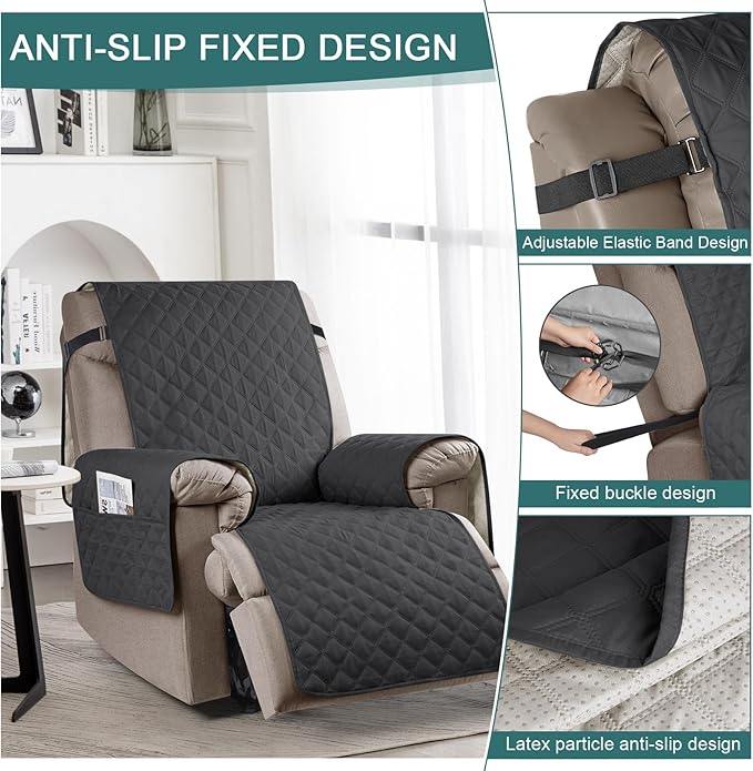 Ruaozz 100% Waterproof Recliner Chair Cover Non-Slip Reclining Cover for Recliner Chair Washable Chair Seat Cover with Elastic Straps for Kids, Dogs, Pets (Charcoal Grey, 23'')