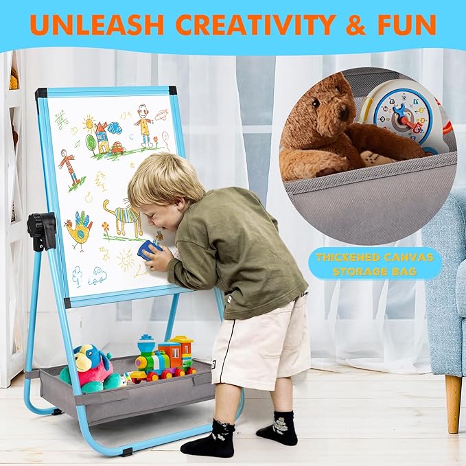 WEYOUNG Easel for Kids Easel for Toddlers, Adjustable Standingg Metal Toddler Easels Whiteboard & Chalkboard for Kids, Magnetic Art Easel for Kids Age 2-4 4-8 9-12, Blue
