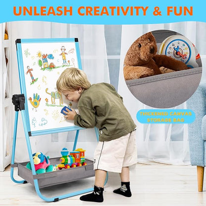 WEYOUNG Easel for Kids Easel for Toddlers, Adjustable Standingg Metal Toddler Easels Whiteboard & Chalkboard for Kids, Magnetic Art Easel for Kids Age 2-4 4-8 9-12, Blue