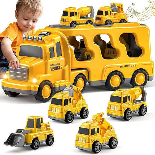 Construction Truck Toys Cars for Toddlers 3-5 - 5-in-1 Friction Power Vehicle Toy 3 4 5 6 Year Old Boys, Cranes Bulldozers Transport Trucks 3-9 Boys
