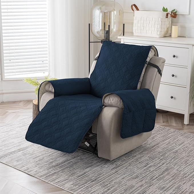 Easehomey 100% Waterproof Recliner Chair Covers, Non Slip Oversized Reclining Cover, Cover Furniture Protector Washable Chair Cover with Pocket,Elastic Straps for Kids,Pets,Dogs(Dark Blue,28")
