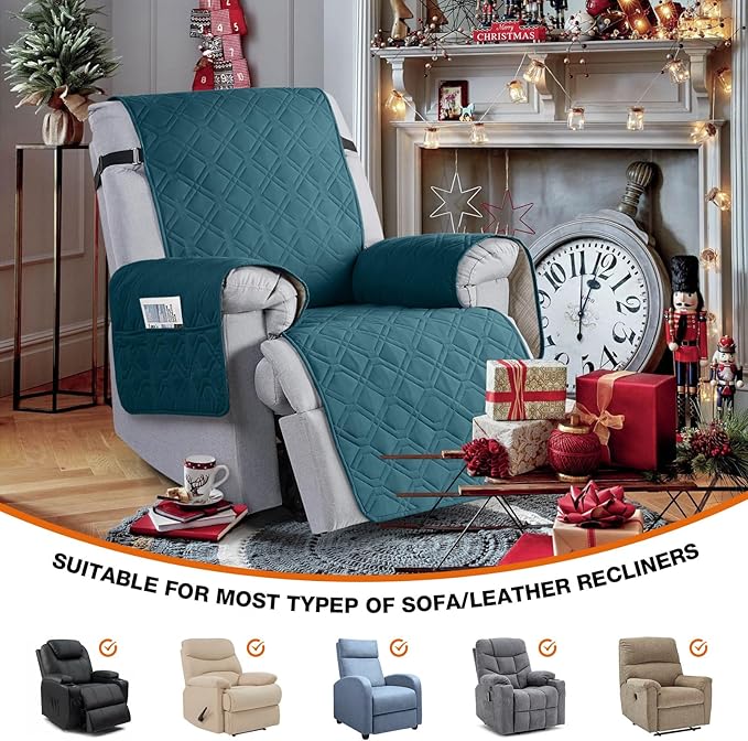 VANSOFY 100% Waterproof Recliner Chair Covers, Recliner Cover Non-Slip Dog Chair Cover Furniture Protector Washable Slipcover with Pocket, Elastic Straps for Pets, Dogs(Peacock Blue, 30")