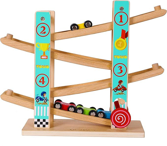 TOWO Pure Wooden Car Ramp - Zig Zag Car Slide 4 Wooden 2 3 4