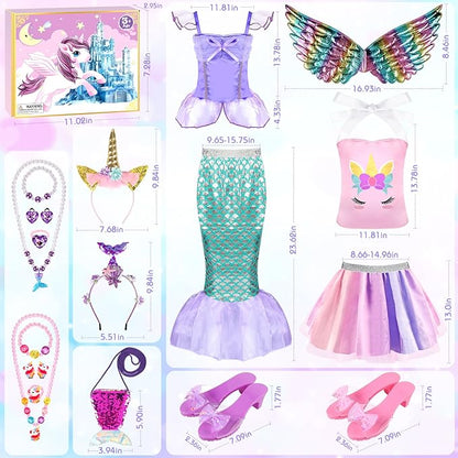 Toddlers Princess Dress Up Clothes for Little Girls 3 4 5 6, Unicorn & Mermaid Kids Dress Up Princess Costume with Wing, Shoes, Play Jewelry, Kids Pretend Play Princess Toys Gifts for Girls Toddlers