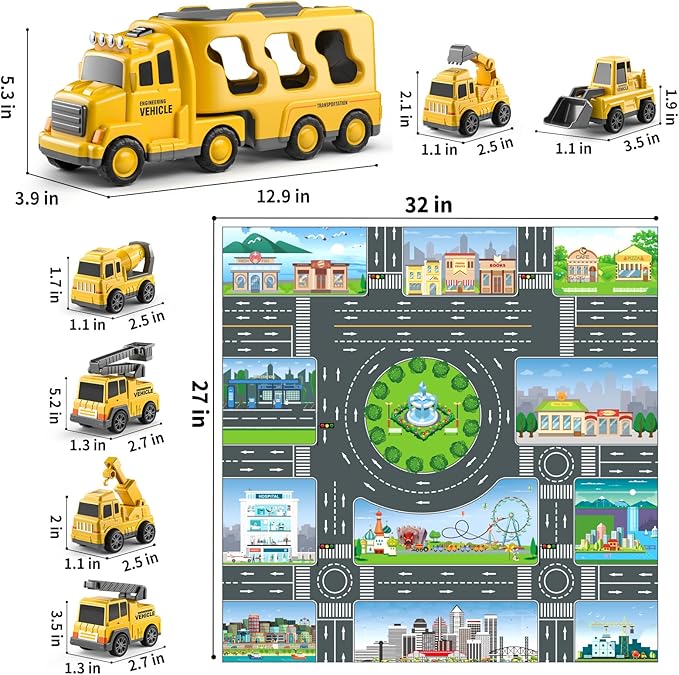 TEMI Construction Truck Toys Car for 3 4 5 6 Year Old Toddlers Boys, 7-in-1 Carrier Construction Vehicles Toys w/Play Mat