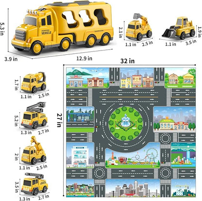 TEMI Construction Truck Toys Car for 3 4 5 6 Year Old Toddlers Boys, 7-in-1 Carrier Construction Vehicles Toys w/Play Mat