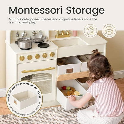 Tiny Land Play Kitchen for Kids, Wooden Play Kitchen with Toy Storage System, Toy Kitchen Set with Plenty of Play Features, Kids Play Kitchen Designed, Gift for Ages 3+