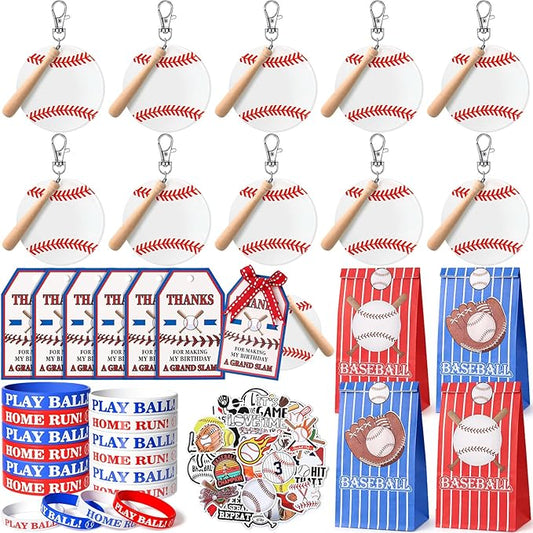 Winrayk 99Pcs Baseball Party Favors Birthday Supplies for Kids, Acrylic Keychain Paper Bag Silicone Bracelet Gift Card Sticker, Goodie Stuffer Teen Girls Boys Sports Baseball Themed Party Favors Decor