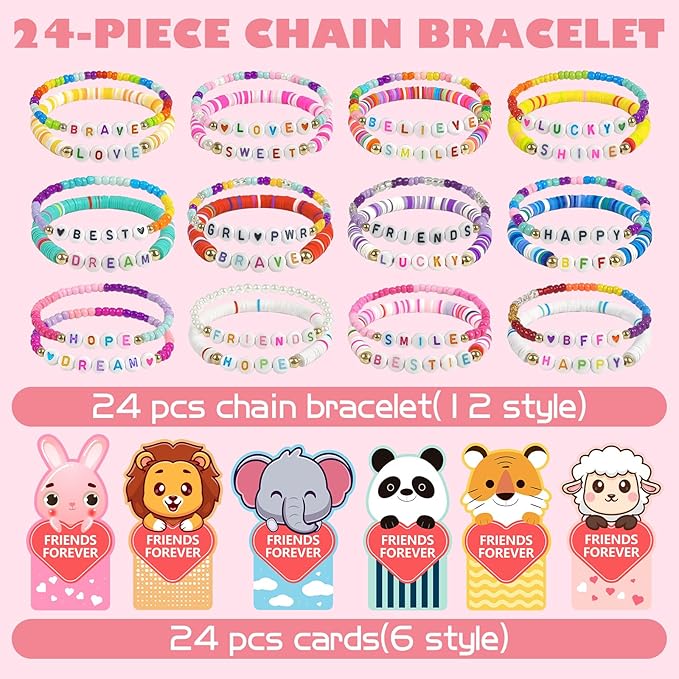 Valentines Day Gifts for Kids Classroom, 24 Pack Valentines Friendship Bracelets for Kids with Valentines Day Gift Cards Classroom Prizes Exchange Gift for Kids School Party Favors