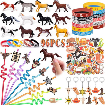 Western Cowboy Party Favors Rodeo Birthday Supplies for Kids Miniature Horse Toys Straw Silicone Bracelet Keychain Sticker Filler Goodie Bag Stuffers, Cowboy Western Party Favors Supplies