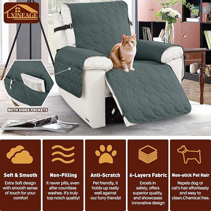 XINEAGE 100% Waterproof Recliner Chair Cover, Non Slip Covers for Recliner Chair with Pocket, Washable Dog Recliner Couch Cover with Elastic Straps (Dark Gray, 30")