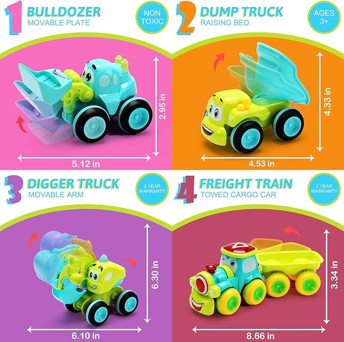 Toys for a 2 Year Old Boy - 4 Friction Powered Trucks for 3+ Year Old Boys, Push & Go Cars Cartoon Construction Vehicle Set