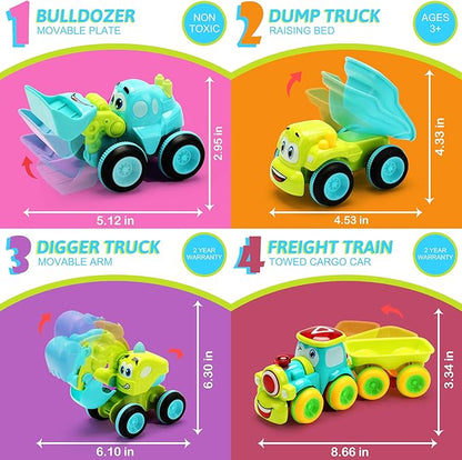 Toys for a 2 Year Old Boy - 4 Friction Powered Trucks for 3+ Year Old Boys, Push & Go Cars Cartoon Construction Vehicle Set