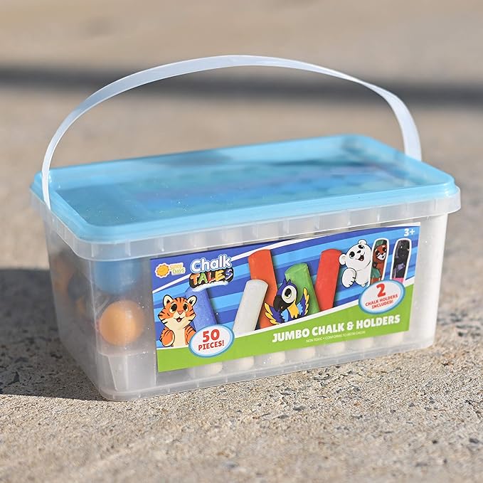 Sunny Days Entertainment Jumbo Washable Sidewalk Chalk with Holders and Storage Bucket, Mess Free Fun Kids Art Color & Patterns, Outdoor Playground, Non-Toxic, Washable Art Set (50 count)