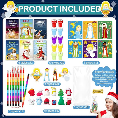 Zhanmai 108 Pcs Christmas Party Favors Bible Coloring Book with Stacking Crayons for Kids Squishes Christmas Toys DIY Sticker Stampers Goodie Bag Fillers Supplies School Educational Reward Prizes