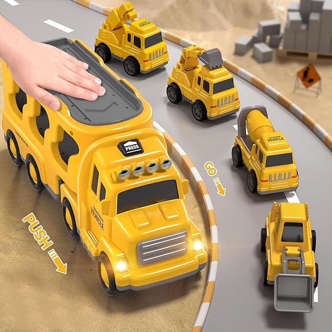 Construction Truck Toys Cars for Toddlers 3-5 - 5-in-1 Friction Power Vehicle Toy 3 4 5 6 Year Old Boys, Cranes Bulldozers Transport Trucks 3-9 Boys