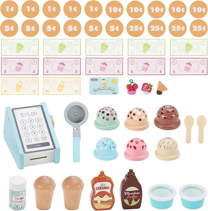 Teamson Kids My Little Helper Ice Cream Cart with Pretend Money, Colorful Magnetic Ice Cream Scoops and Chalkboard Panel, Blue/White
