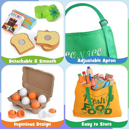 Wooden Play Food Toys for Kids, Market Grocery Store Toys with Snack & Shopping Bag & Apron for Toddlers, Pretend Play Kitchen Accessories Christmas Birthday Gift for Girls Boys 3 4 5 6