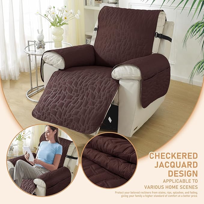 Recliner Covers That Stay in Place, 100% Waterproof Non-Slip Recliner Chair Covers with Pocket, Elastic Straps, Washable Reclining Chair Protector for Kids, Pets, Dog, Cat,Dark Coffee,28IN