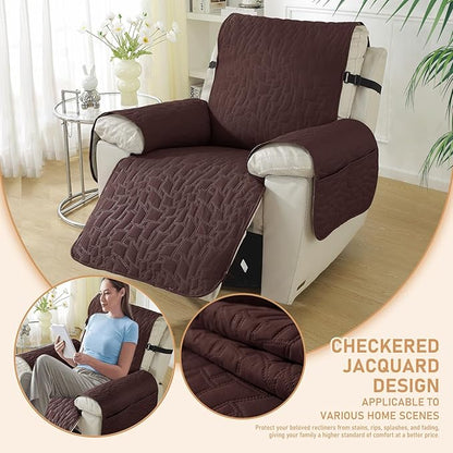 Recliner Covers That Stay in Place, 100% Waterproof Non-Slip Recliner Chair Covers with Pocket, Elastic Straps, Washable Reclining Chair Protector for Kids, Pets, Dog, Cat,Dark Coffee,28IN