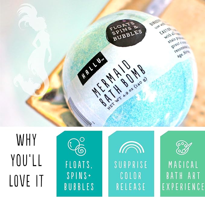 Hallu Mermaid Large Bath Bomb, Citrus Peony and Amber Scent 140 g, 8