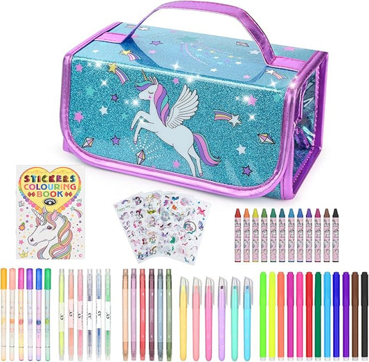 Washable Scented Markers Set for Kids - Unicorn Coloring Art Supplies Set for Kids Ages 4-8 Bithday Gifts for 4-8 Year Old girls Unicorn Pencil Case 54 PCS