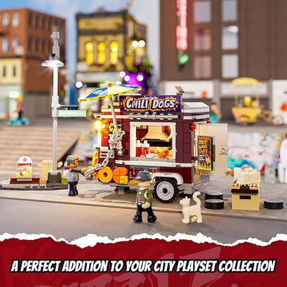 FUNWHOLE Chili Dog Trailer Lighting Building-Bricks Set - City Food Truck Toy Playkit 515 Pcs for Adults and Kids