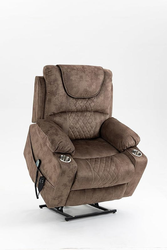 FANYE Electric Power Lift Chair for Elderly W/Massage and Heat, Infinite Positions 2 Remote Controllers Oversized Velvet Upholstered Recliner & Armchair W/Side Pockets & Cup Holders, Brown V