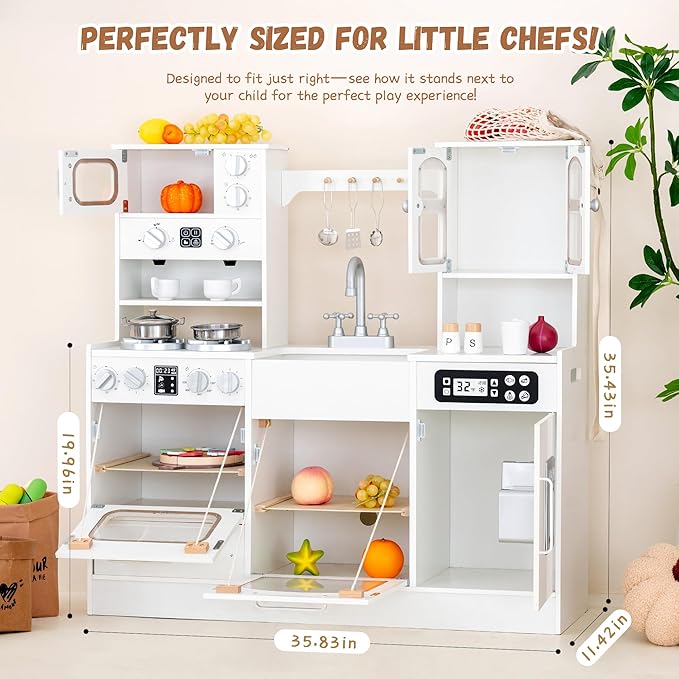 Wooden Play Kitchen for Kids with Realistic Lights and Sounds, Large Toddlers Interactive Kitchen Playset with Ice Maker, Stove, Sink, Oven, and 12 Accessories, Pretend Play Kitchen Set for Ages 3-8