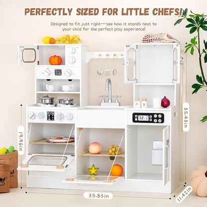 Wooden Play Kitchen for Kids with Realistic Lights and Sounds, Large Toddlers Interactive Kitchen Playset with Ice Maker, Stove, Sink, Oven, and 12 Accessories, Pretend Play Kitchen Set for Ages 3-8