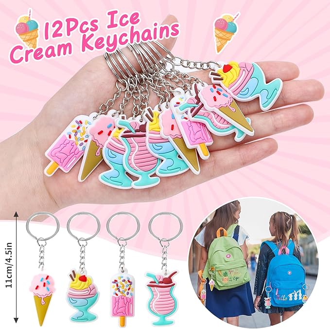 Winrayk Ice Cream Party Favors Birthday Supplies for 12 Kids, Drinking Straw Gift Bag Diy Sticker Keychain Slap Bracelet, Goody Bag Stuffers Pinata Filler Girls Two Sweet Birthday Party Supplies Decor