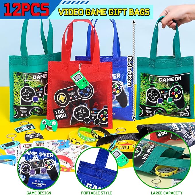Winrayk Video Game Party Favors Gamer Birthday Supplies for Kids, Non Woven Bag Silicone Bracelet Stamper Glow Sticker Keychain 12 Sets Game on Pinata Filler Goody Bag Stuffer Boys Gaming Party Favors