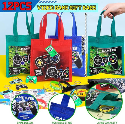 Winrayk Video Game Party Favors Gamer Birthday Supplies for Kids, Non Woven Bag Silicone Bracelet Stamper Glow Sticker Keychain 12 Sets Game on Pinata Filler Goody Bag Stuffer Boys Gaming Party Favors